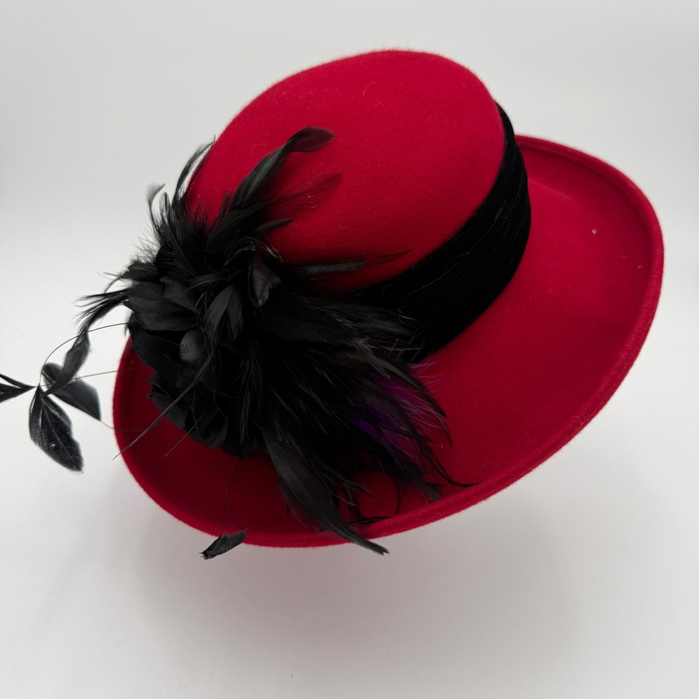 Jenny Buchanan Red Wool Felt Cloche Hat Black Velvet Ribbon Rose Feather Trim